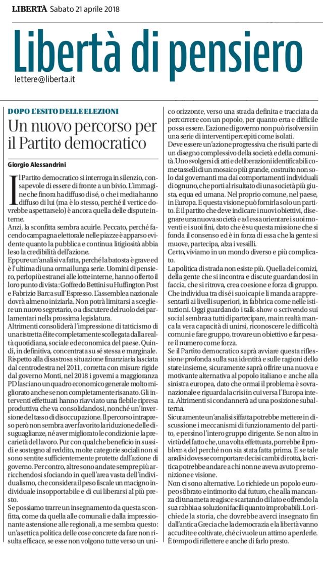 Un nuovo percorso di riflessione per il Partito Democratico.